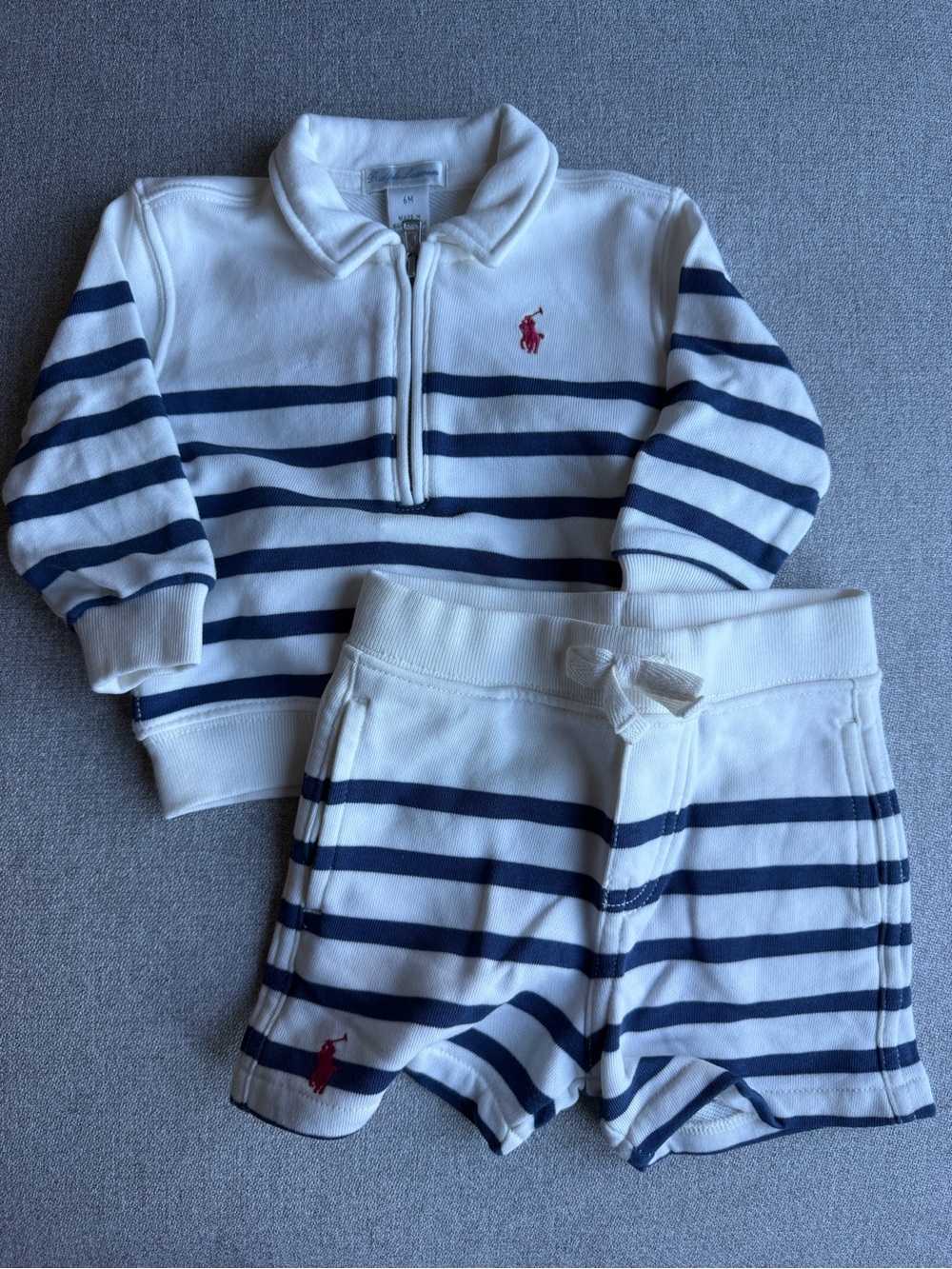 Ralph Lauren White & Navy Striped Quarter-Zip Pullover + Shorts Set